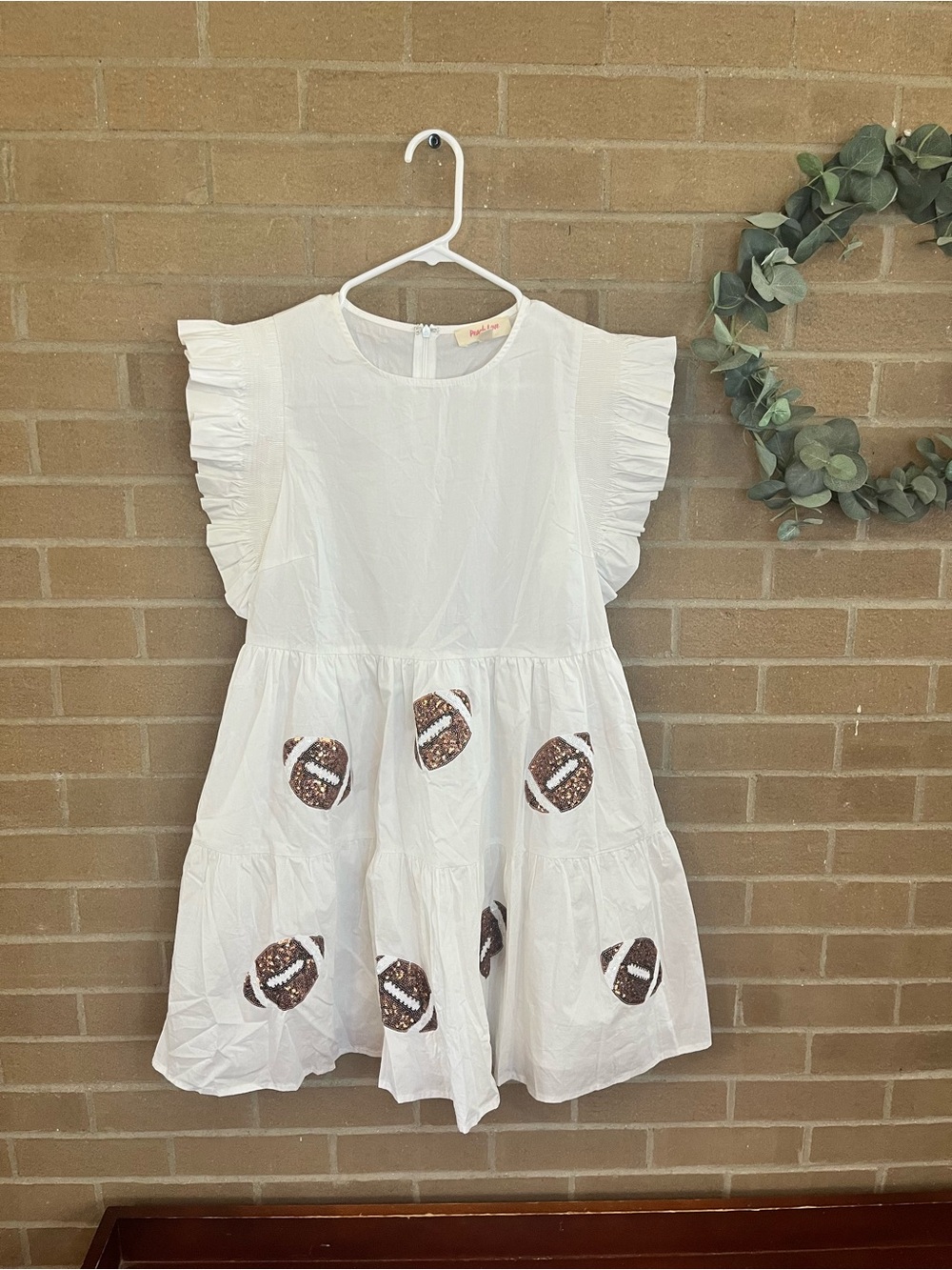 Peach Love California White Ruffle Sleeve Mini Dress with Football Appliqués - Picture 2 of 4